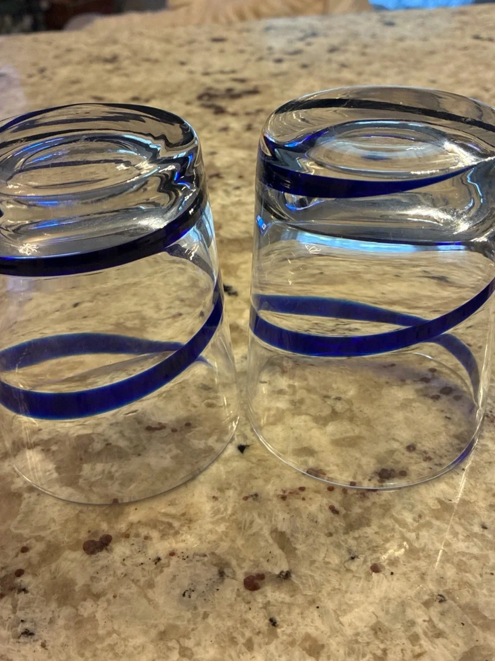 Pier 1 Clear Handblown double old fashion glasses Cobalt Blue Band - Set of 2